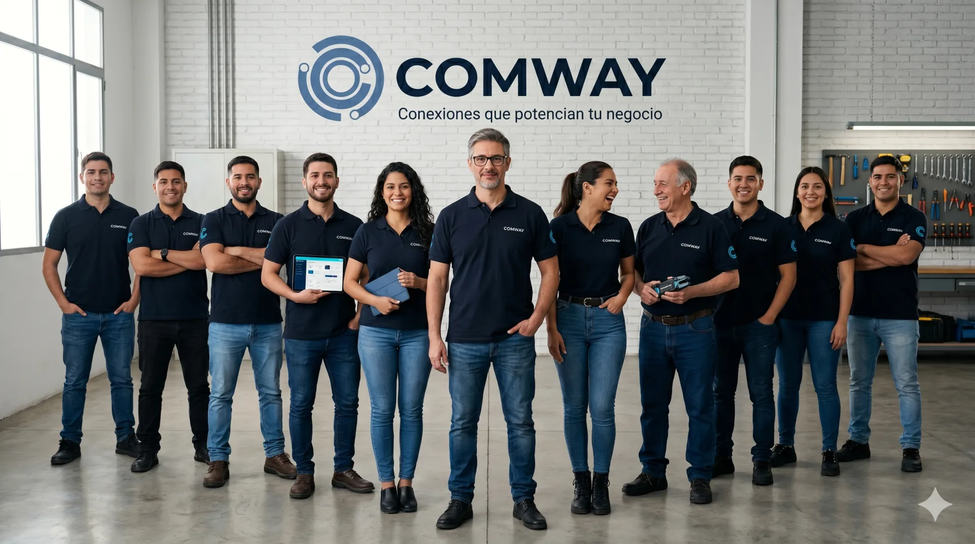 Captura del sitio Comway mostrando navegación multi-idioma y página de servicios